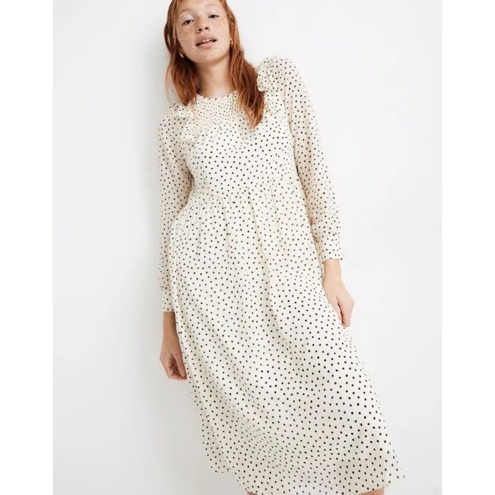 Madewell Women White Black Polka Dot Smocked Ruffle Midi Dress Size S